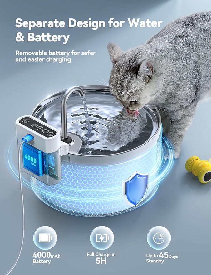 Wireless Cat Water Fountain, 3.5L Pet Water Fountain for Cats/Dogs with 6 Pack Filter+6 Park Pump Sponges Replacement