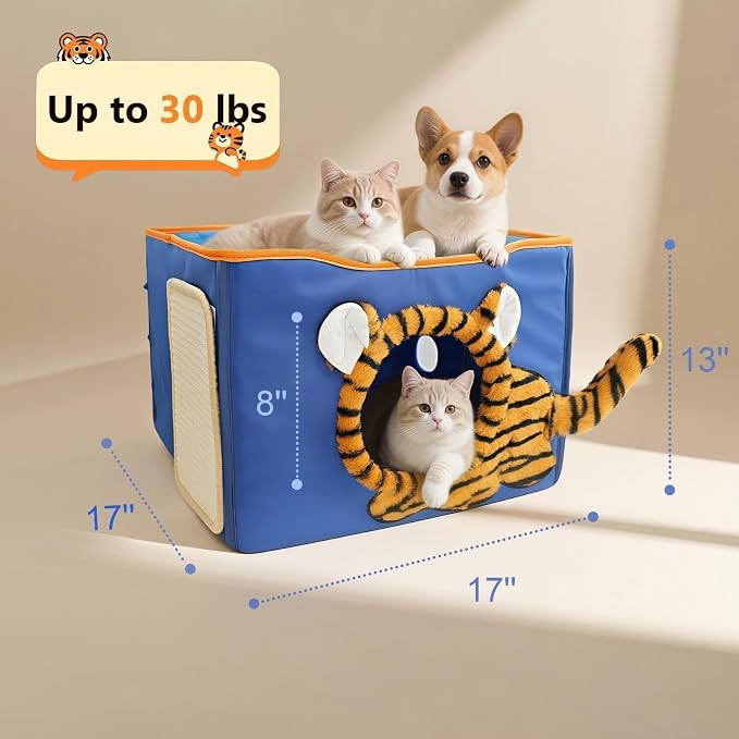 CWV Interactive Cat Toys for Indoor Cats, Kitten Toys with Scratch Pad， Cat Hideaway with Peekaboo Holes, Tiger Cat House Cave with Soft Pillow