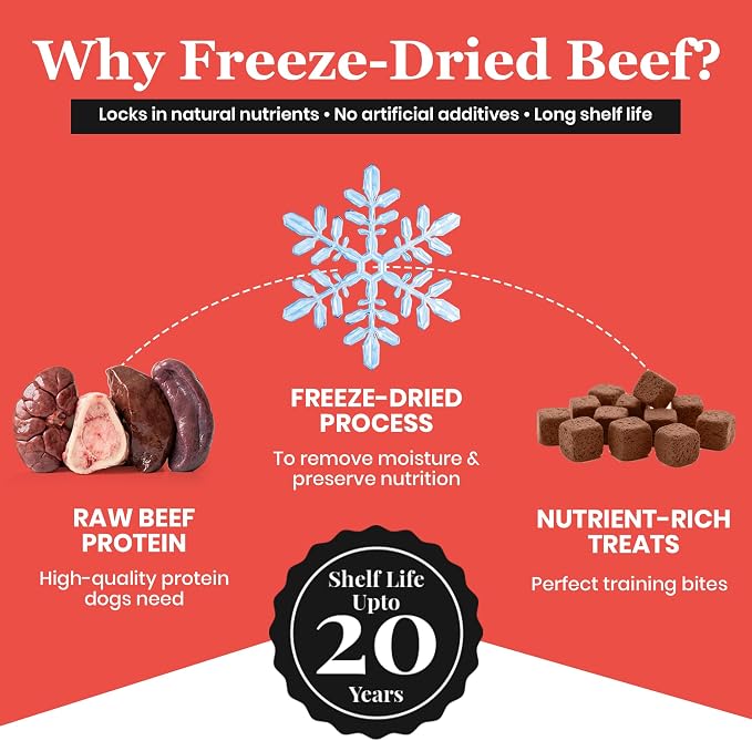 Freeze Dried Raw Beef & Organ Raw Dog Food, 80/10/10 Recipe with Beef, Organs & Ground Bone, High Protein Grain Free Freeze Dried Dog Food Topper for Dog's of All Life Stages, Made in USA, 8 Oz