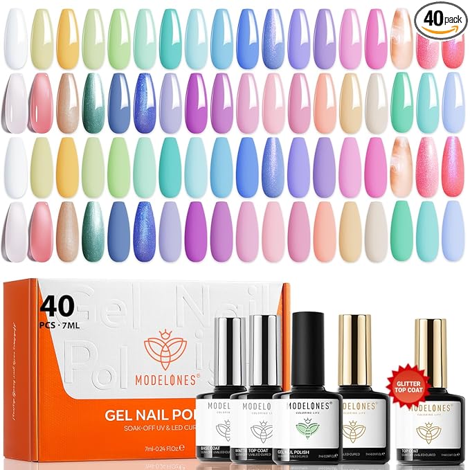 modelones 40 Pcs Gel Nail Polish Kit, 36 Colors 2026 Summer Spring Candy Pastel Gel Polish Set Soak Off LED Soft Light Purple Pink Blue Yellow Green with Base Coat& Matte Glitter Glossy Top Coat