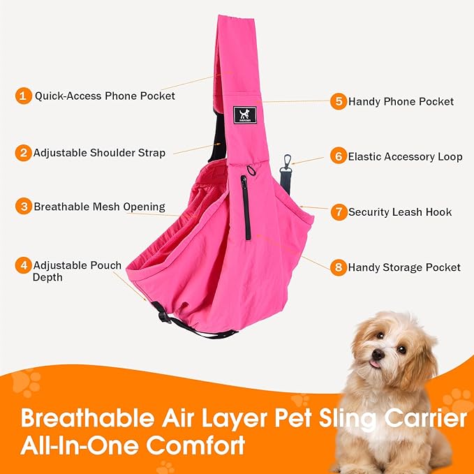 Pet Sling Carrier for Small Dogs and Cats 5-20lbs, Dog Sling with Adjustable Depth, Breathable Air Mesh Puppy Travel Bag, Water Resistant Fabric, Double Safety Leash, Machine Washable,Fuchsia
