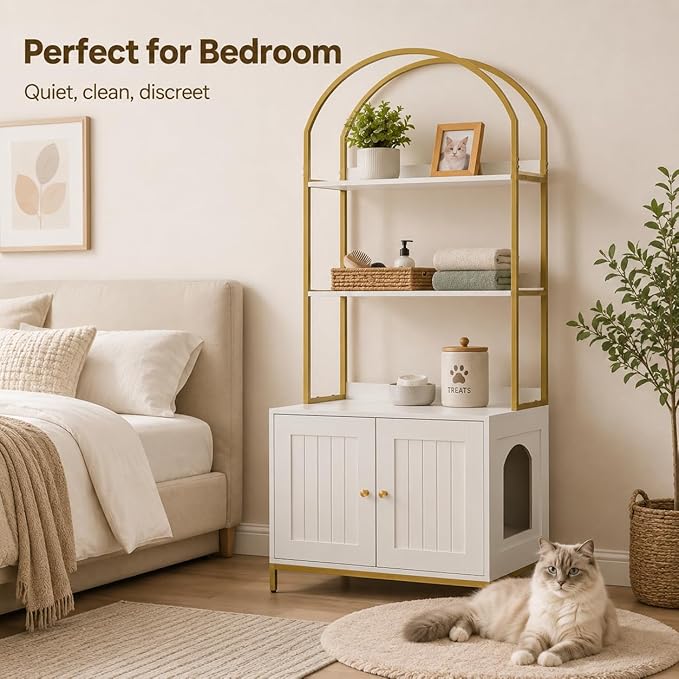 Homhedy Cat Litter Box Enclosure, Litter Box Furniture Hidden with 2-Tier Storage Shelves, Wooden Cat Washroom Furniture with Metal Frame, Modern Style, White and Gold