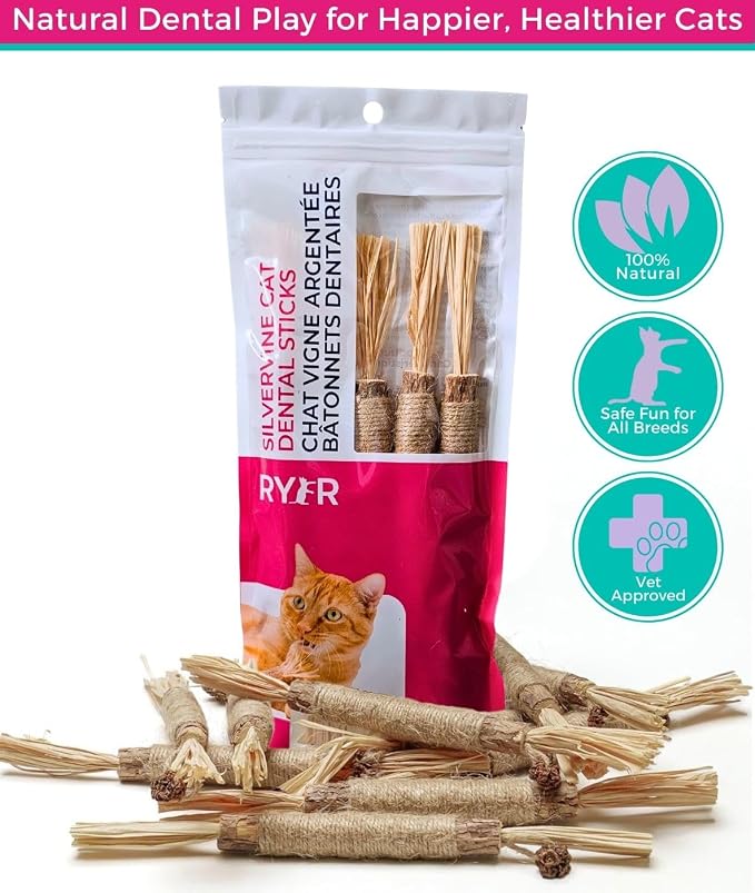 RYERCAT Silvervine Sticks for Cats - 100% Natural Cat Chew Toy for Aggressive Chewers and Kitten Teething - Pet Friendly, Smooth Finish, Irresistible Taste and Smell (5 Pack)