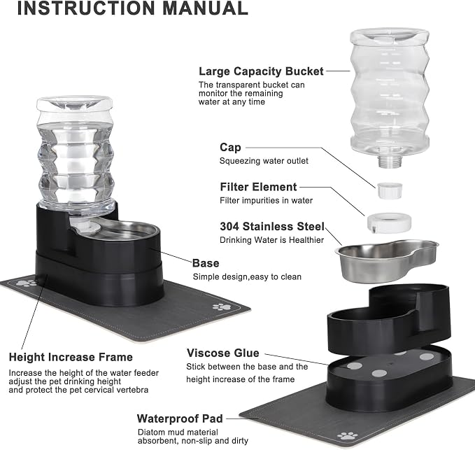 RIZZARI Automatic Dog Water Dispenser: 7L Black Stainless Steel Waterer - Elevated Design Eases Joint Strain & Supports Spine Health-Helps Prevent Urinary Stones-for Senior & Large Dogs-Indoor Use