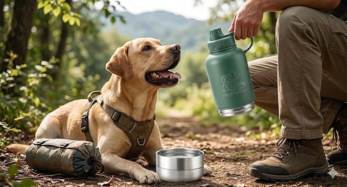 Dog Travel Water Bottle with Bowl – PuppiLovePets 3-in-1 Portable Dog Water Bottle 32oz, Stainless Steel, 2 Detachable Cups, Leak-Proof, BPA-Free – Hiking, Walking & Camping – Ivory