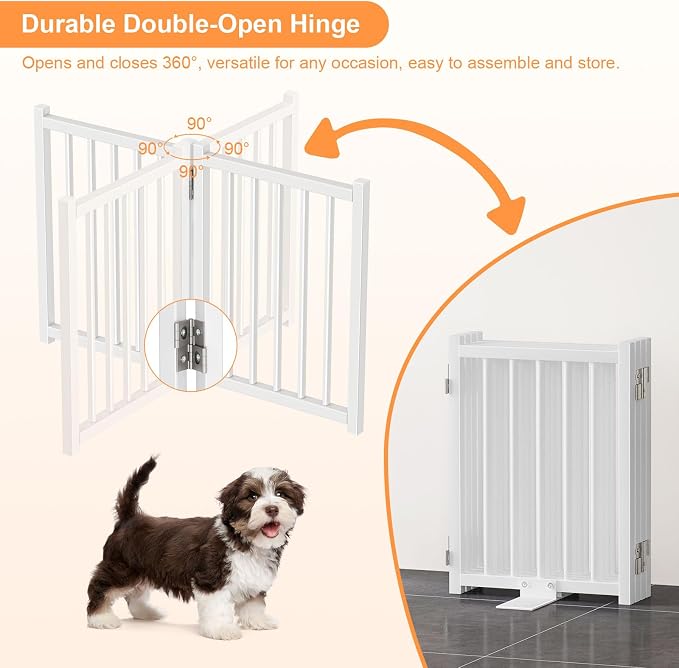 Snughome 2 Pack Short Dog Gate Indoor, 16" High Freestanding Small Dog Gates with Support Feet, Expand Up to 48’’Wide Foldable Pet Gate for Doorway, 8 Panel Pet Door Pet Fence for Puppy, White