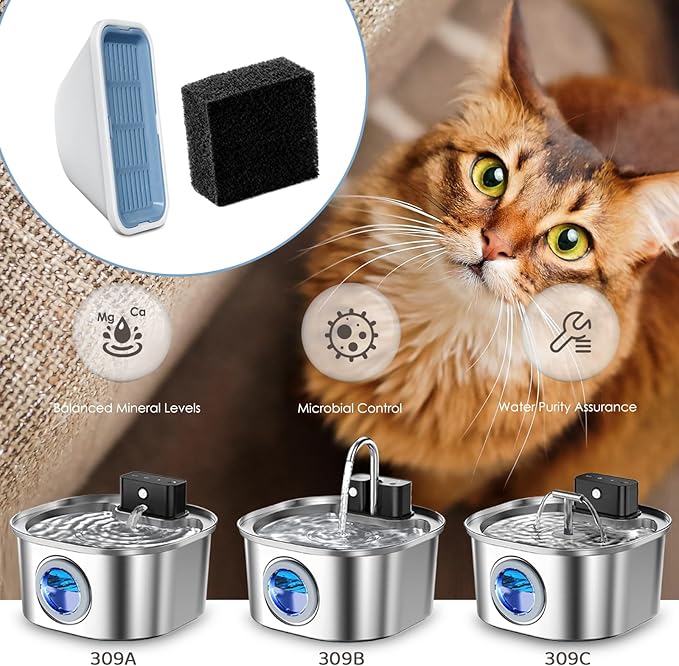 20 Pack Replacement Cat Water Fountain Filters for 108oz/3.2L Stainless Steel Pet Water Fountain 309A/309B/309C, 10 Filters and 10 Pre-Filter Sponges
