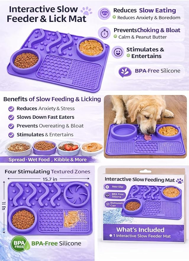Silicone Dog Feeding Mat with Slow Feeder & Lick Pad for Dogs & Cats – Non-Slip Spill Proof Pet Feeding Mat with Bowl Holder – Dishwasher Safe BPA-Free Silicone – 12 x 8 Inch Purple