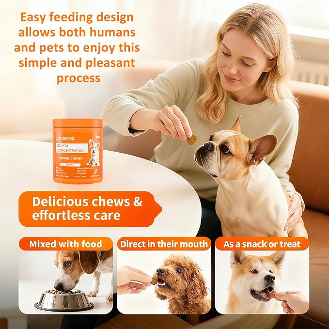 Quiet & Concentration Herbal Chews for Dogs, Behavior Support Supplement with Chamomile, L-Theanine, Valerian Root, ashwagandha, Bacon Flavor, Large container-120 Soft Chews, 12.69 oz (2)