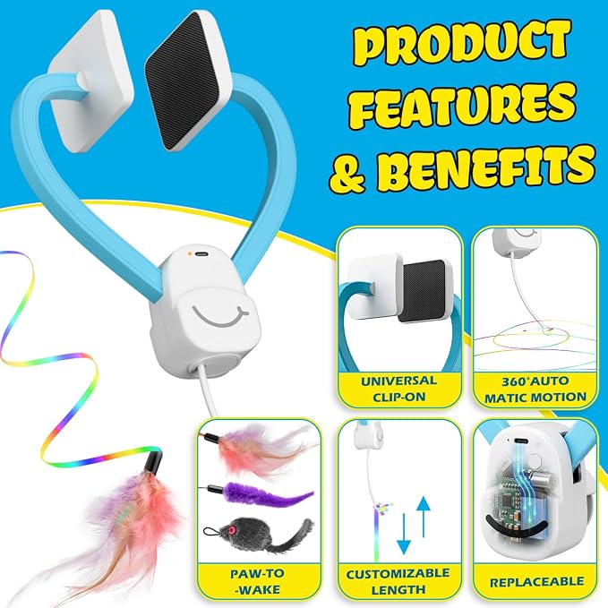 Smart Automatic Door Hanging Cat Toy for Indoor Cats - Electric Interactive Feather Wand, Mouse & Worm Set, 360° Rotating, Type-C Rechargeable, Quiet Self Play Enrichment for Bored Kittens