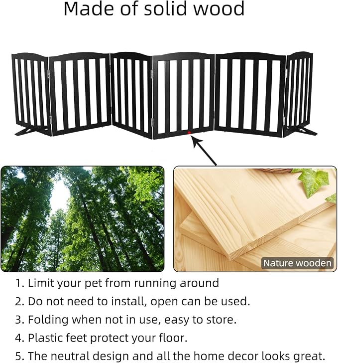 ZJSF Foldable Freestanding Indoor Dog Gate for House Wood White Long Pet Gates Dog Fence for Stairs Puppy Gates for Hallways, Puppy Gate,Support Feet Included, Black, 24 "Height-6 Panels