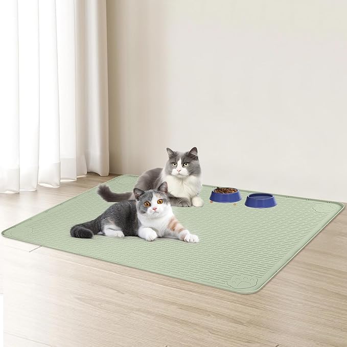 Cat Food Mat, 40" x 28" Cat Litter Mat Extra Large Silicone Pet Feeding Mat with Raised Edge Pet Placemat for Food and Water Bowl Non-Slip, Easy to Clean, Floor Protection (Green)