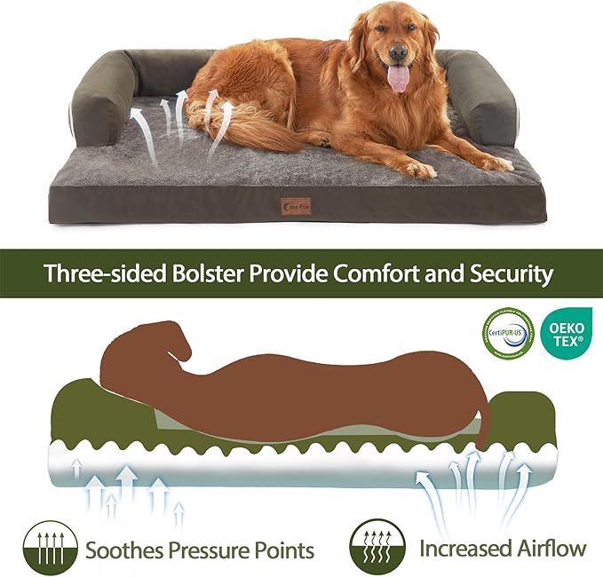 Orthopedic Dog Beds for Large Medium Sized Dogs, Waterproof Egg Crate Foam Large Dog Couch Beds with Comfy Bolster 36x27Inch, Washable Pet Beds with Removable Cover, Dark Green