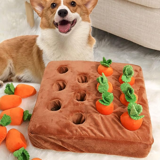 Carrot Snuffle Mat for Dogs, Interactive Dog Plush Puzzle Toys, 2 in 1 Non-Slip Nosework Feed Games, Pet Stress Relief with 12 Carrots