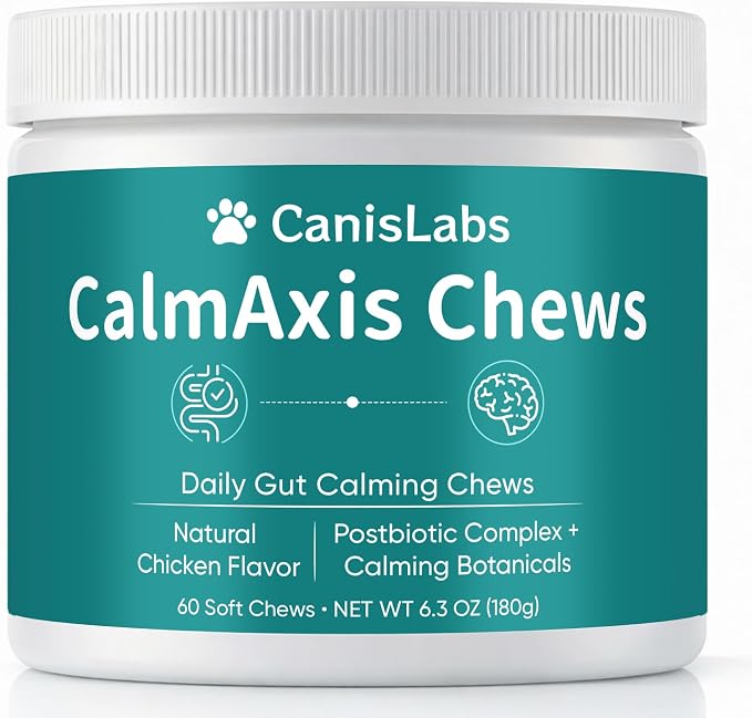 Calmaxis Postbiotic Chews, Calming Chews for Dogs, Daily Gut Support with Postbiotics + L-Theanine for Puppies Small All Dogs, Reduce Stress and Anxiety, Chicken Flavor, 60 Soft Chews