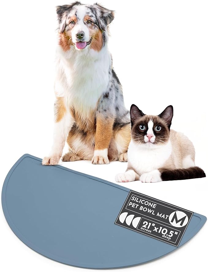 Should We Go? Waterproof Silicone Dog Food Mat – Medium Size Non-Slip Pet Bowl Mat, Raised Edge Design, Easy-to-Clean Pet Food Placemat for Dog & Cat Bowls, 21" Across x 10.5" Deep - Ocean Blue