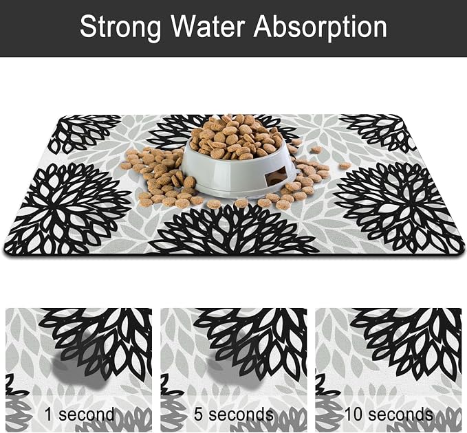 Dog Food Mats for Floors, Absorbent and Quick-Drying Pet Cat Food Mat,Anti-Fouling and Easy-to-Clean Pet Feeding Mat,Dog Bowl Mat for Messy Drinking Water Bowls.16x24, Bohemia Dahlia Floral Style