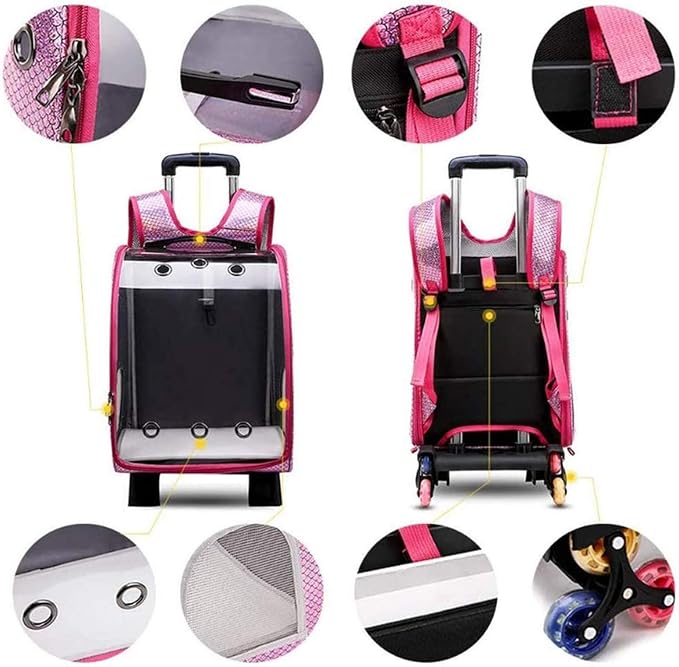 Pet Travel Rolling Carrier Backpack with Removable Wheels,Portable Foldable Breathable Airline Approved Hiking Soft-Sided Carrying Bag Trolley for Small Dogs And Cats with Mesh Ventilation Windows