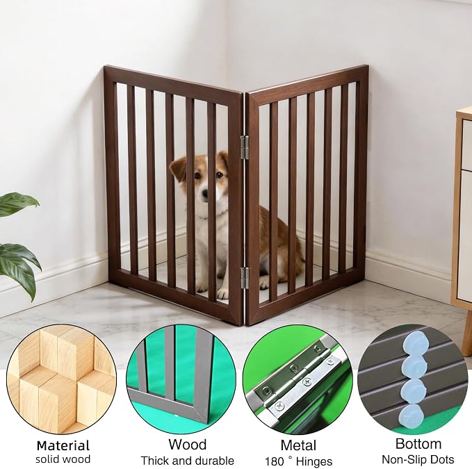 Dog Gate Indoor, Freestanding Dog Fence for The House, Doorways, Hallways,or Stairs,Pet Gate Foldable Wooden,Expandable 32" Height 2 Panels,Brown
