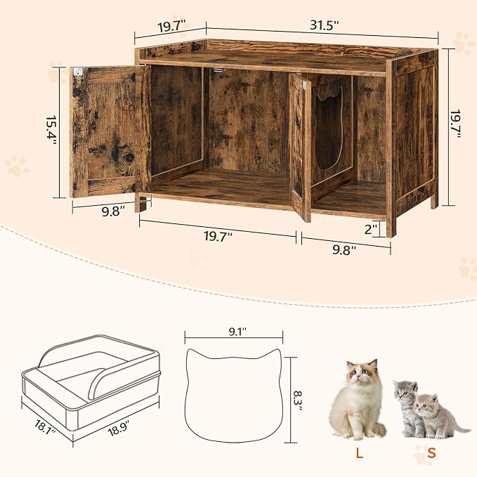 MAHANCRIS Cat Litter Box Enclosure, Hidden Litter Box Furniture with Divider, Indoor Cats House, Wooden Cat Washroom Storage Cabinet Bench, Side End Table Nightstand, Rustic Brown CWHR2501Z