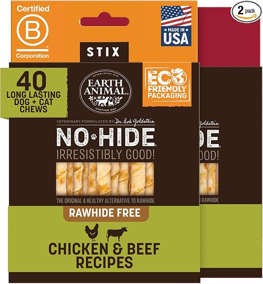 Earth Animal No Hide Stix - Long Lasting Rawhide Free Small Dog Chews Sticks, Chicken & Beef Variety Bundle - 40 Count Value Pack