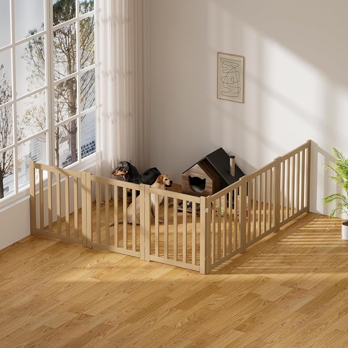 6-Panel Solid Wood Dog Gate - Freestanding Folding Pet Gate for Doorways, Stairs, Indoor, 24" Height, No Installation Needed, Natural Wood
