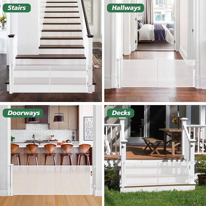 Reinforced 24 Inch Tall Retractable Baby Gates for Dogs, Short Dog Gates to Step Over, Expands 0-55 Inches Wide, Mesh Pet Gate with Support Rods, Small Puppy Gates for the House, White