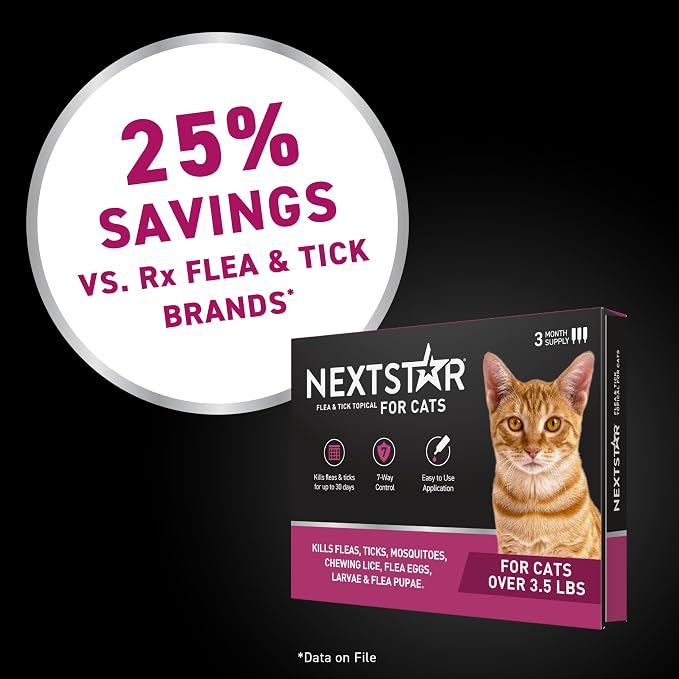 NEXTSTAR Flea and Tick Prevention for Cats, Repellent and Control, Fast Acting Waterproof Topical Drops, Flea Prevention for Cats Over 3.5 lbs, 6 Monthly Doses