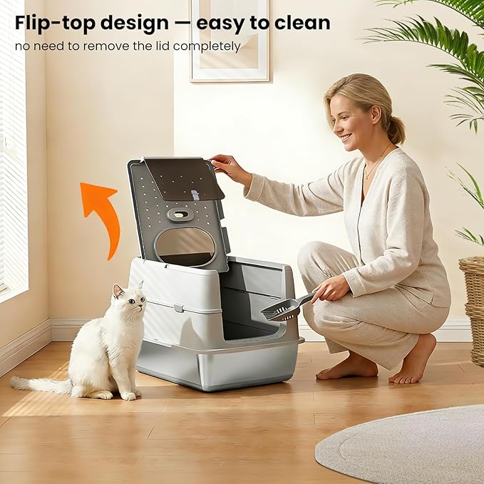 Stainless Steel XXL Cat Litter Box with 120° Lid, Enclosed Top Entry High-Sided Anti-Leak Cat Box, Dog Proof Litter Box for Multiple Cats, Includes Litter Step & Scoop