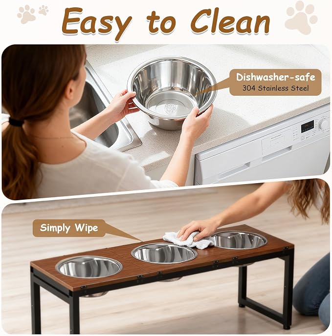 Elevated Dog Bowls Large Breed,Adjustable Raised Dog Bowl Stand,Stainless Steel 3 Bowl Dogs Feeding Station,12.5cup/101oz Each Food Water Bowl(Iron Holder,Wooden Platform,Grained Oak)