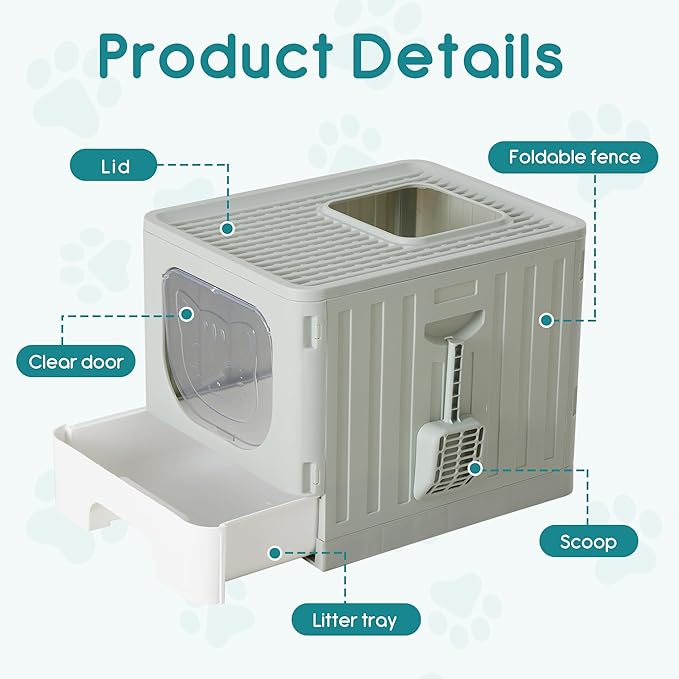 OLIXIS Foldable Cat Litter Box with Lid, Large Cat Box with Scoop, Front Entry Top Exit Kitty Litter Boxs with Door, Easy Cleaning Drawer Design Odor Control, Grey