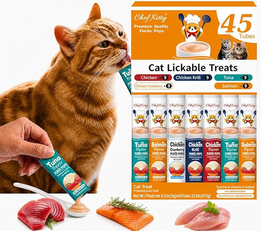 Cat Treats Lickable | Grain-Free Cat Food Toppers, High Protein | Creamy Puree Squeeze Ups with Vitamin E & Taurine, Digestible Formula | 0.5 oz. Each Tube, Chicken & Seafood Mix Variety | 45 Tubes