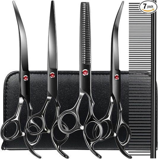 TINMARDA Dog Grooming Kit, Titanium Black Stainless Steel Dog Grooming Scissors with Curved Shears, Black Finger Rings - 5 Piece Sharp Durable Pet Shears for Dogs Cats At Home Salon-Quality Grooming