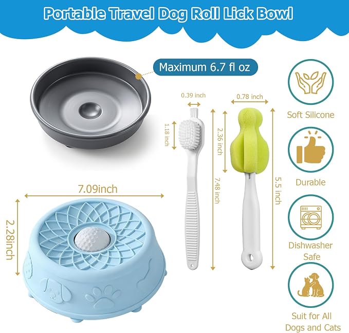 Dog Slow Feeder Lick Bowl with Rolling Ball for Liquid Treats, 2-in-1 Anti-Slip Silicone Dog Licking Bowl for Bone Broth with Suction Cup, Enrichment Lick Sphere Toy for Large Medium Dogs Cats (Blue)