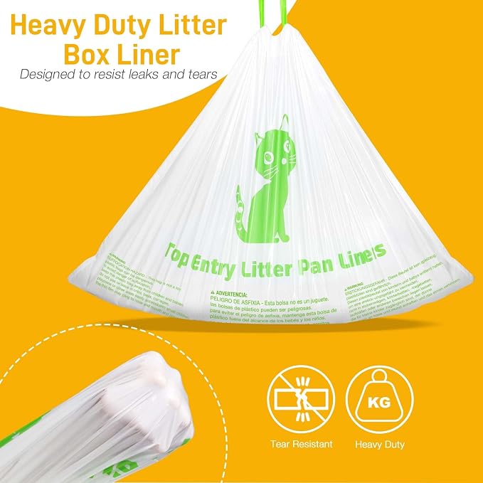 Cat Litter Box Liners Compatible with Top Entry Litter Pans Model, Heavy Duty Tear Resistant Large Litter Pan Liners 50 Count Drawstring Litter Liner Bags