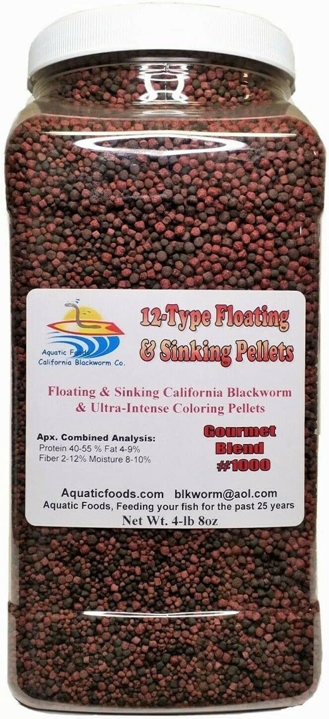12-Type Floating/Sinking Blackworm & Intense Coloring Pellets of Mixed of 1mm, 2mm, 3mm for All Tropical Fish Premium Tropical Fish Pellet Foods. GB-1000 4.5-lb-Jar