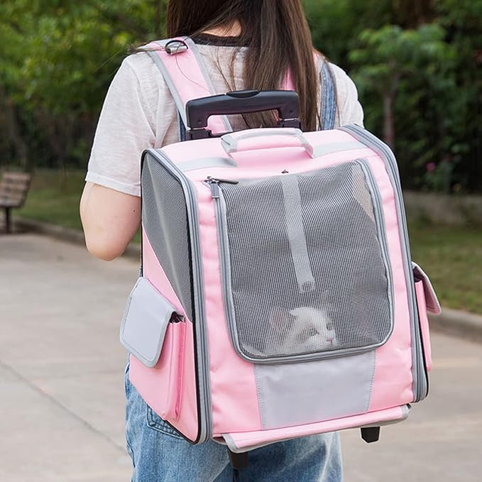 Pet Rolling Carrier,Foldable Cat Carrier Strollers Backpack Bag Puppy Dog Carrier Luggage with Wheels and Telescopic Handle for Cats Dogs Rabbits Kittens Puppies