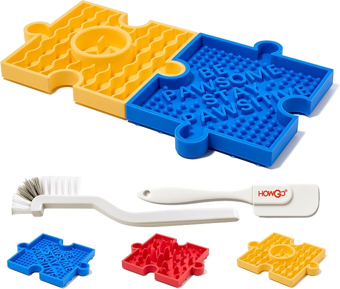 HowGo Puzzle Slow Feeder Lick Mat for Dogs and Cats, 38+ Suction Cups|Non-Slip Heavy Duty Maze Enrichment Blow BPA-Free Silicone|Reduce Boredom Anxiety Free Combination (2PCs, Blue&Yellow)