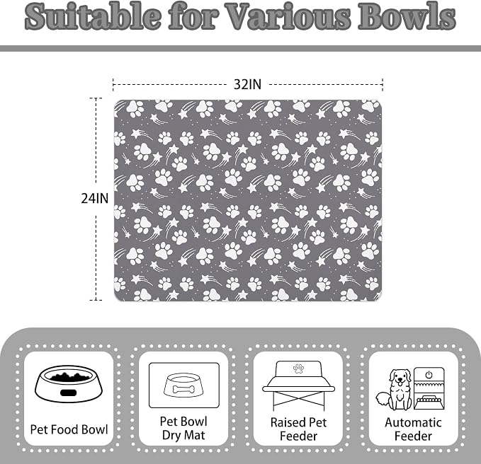 Dog Food Mat 24x32 Inch Pet Feeding Absorbent Mats for Floor Dog Cat Water Bowl Placemat Non-Slip Washable Pet Food and Water Mat