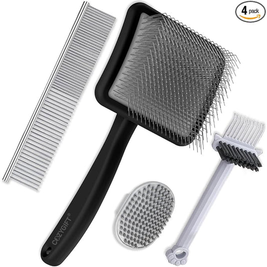 Slicker Brush for Dogs 4PCS- Lrage Dog Grooming Kit, Goldendoodle Labradoodle & Poodles with Detangling Comb for Haired Dogs, Matted Hair & Bath Massage Set, Black