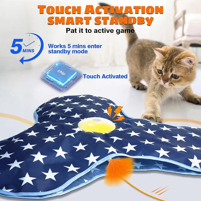 Oxawo Interactive Cat Toys Chirping and Moving Feather Wand - Motion-Activated Cat Toys and Rechargeable