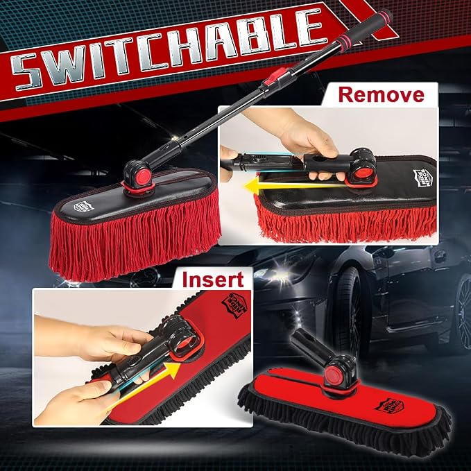 Car Cleaning Supplies Duster, 2In1 Car Wash Brush Mop & Car Duster Mop with 1 Long Handle, Microfiber Brushes Washing Exterior Scratch Free for Boat RV Truck, Gifts for Men Women