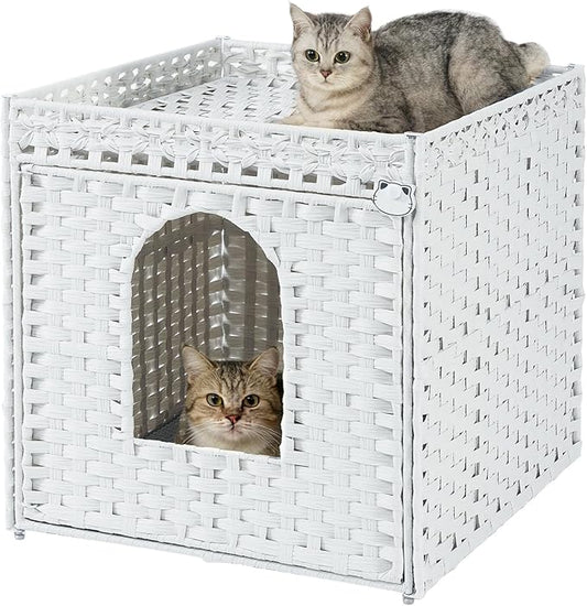 SETVSON Cat Litter Box Enclosure Furniture, Large Hidden Litter Box Furniture, Handwoven Rattan Cat House Cabinet, One Mat, Two S-Shaped Hooks, Living Room, Apartment 21.6 X 26 X 21.6 Inches, White