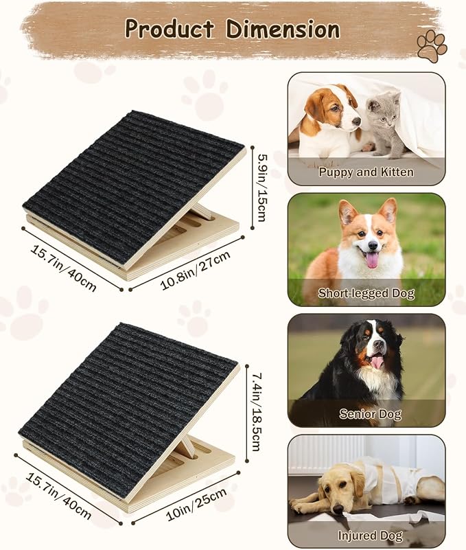 Foldable Wooden Dog Ramp for Stairs, Non-Slip Pet Ramps for Staircase, 2 Pack for Small and Middle Dogs and Cats, Step and Stair for Injured and Elderly Pets (Longer 15.7in)