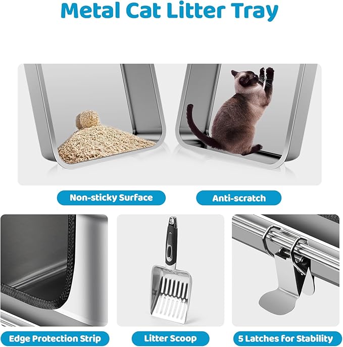 Stainless Steel Cat Litter Box, 19.7" L x 13.8" W x 11.8" H Large Semi Enclosed Removable Metal Litter Tray with High Sided Enclosure, Scoop, Anti-Leakage, Non-Sticky, Easy Cleaning