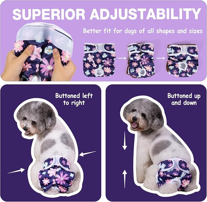 Pet Soft Washable Female Diapers (3 Pack) Female Dog Diapers, Comfort Reusable Doggy Diapers for Girl Dog in Period Heat (Bloom, M)
