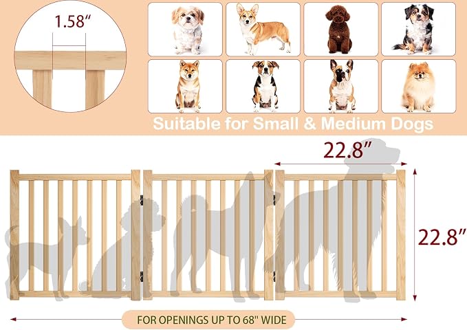 Dog Gate Indoor, 23" H Wooden Freestanding Puppy Gate, No-Painted Foldable Dog Barrier with Door Walk Through, Portable Fence for Stair, Doorway- 3 Panels