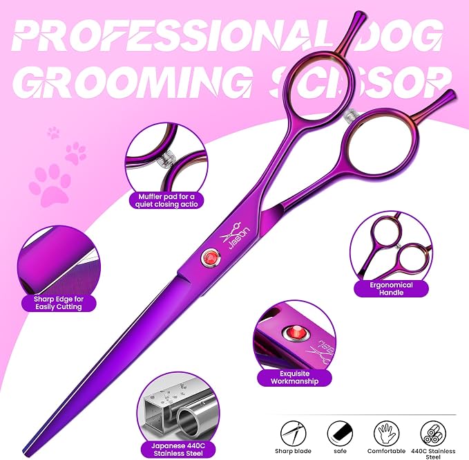 JASON Dog Grooming Scissors Kit, Professional 7 in 1 Dog Scissors Sharp Shears Set - Straight, Thinning, Chunker, Curved Shears and Comb for Long Short Hair for Dog Cat Pet Christmas Gift