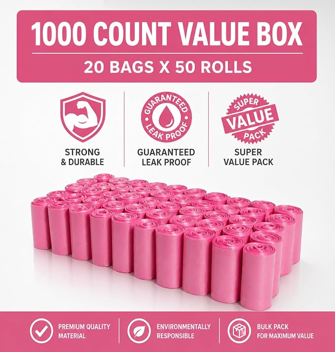1000 Pet Waste Disposal Poop Bags EZ Pick Up Bag Pink Large Puppy Training
