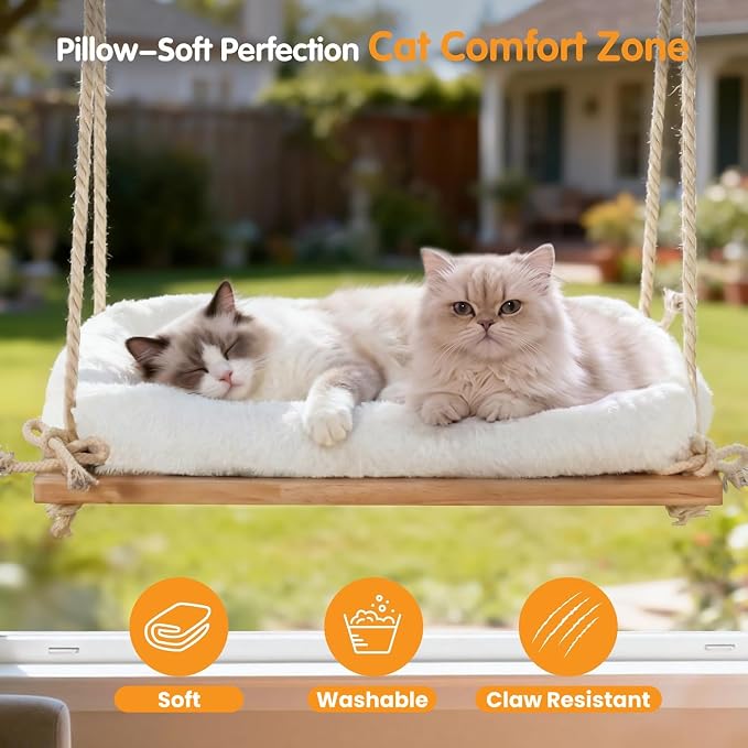 Large Cat Window Perch, Window Hammock Bed with Solid Wood Seat 4 Heavy Duty Suction Cups, Plush Cushion, Indoor Hammock Bed for Large Cats (XL)